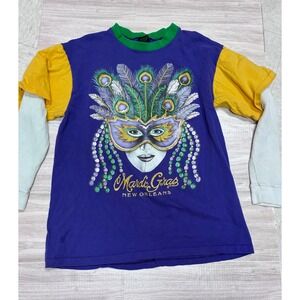 Vintage Mardi Gras New Orleans Graphic Print Long Sleeve T Shirt Women's Size L